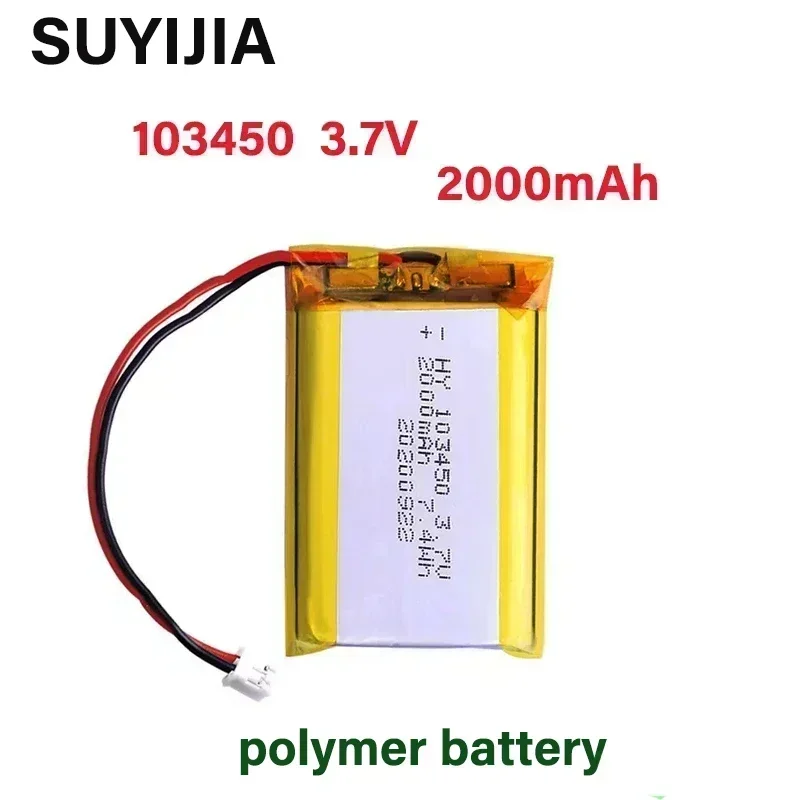 Novo 103450   Bateria recarregável de polímero de lítio, 2000mAh, 3.7V, PH 2.0mm, plugue de 2 pinos para câmera, navegador GPS, MP4, fone de ouvido Bluetooth