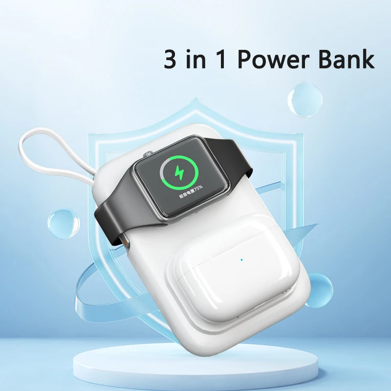 Magnetic Power Bank for Apple Watch 8 7 6 5 4 3 2 Airpods iPhone 13 14 15 pro Wireless Charger 3 in 1 Powerbank Built in Cables