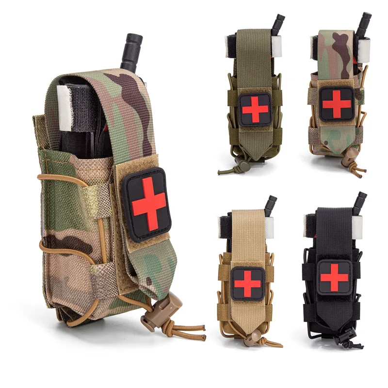 Tactical MOLLE TQ Tourniquet Holder IFAK First Aid Kit Pouch With Bungee Cord Cross Patch For Outdoor EMT