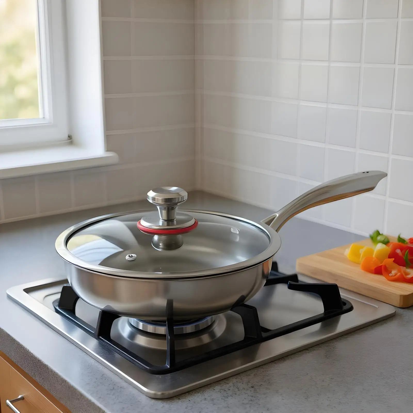 Sartén de Titanio con Tapa de Vidrio, Antiadherente, de Calentamiento Uniforme, Wok de Acero Inoxidable sin Recubrimiento, Utensilios de Cocina