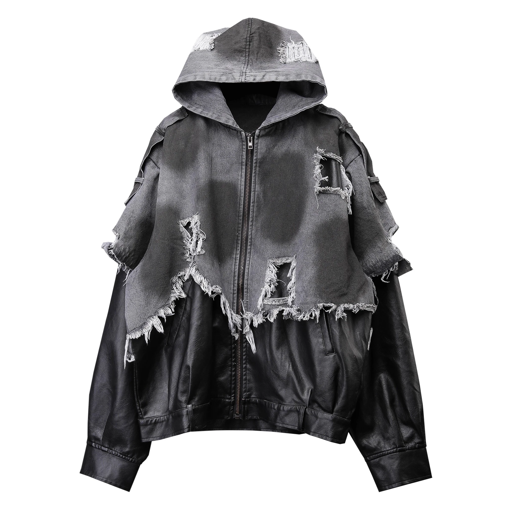 Vintage Distressed PU Leather Patchwork Denim Jacket Hooded Coat
