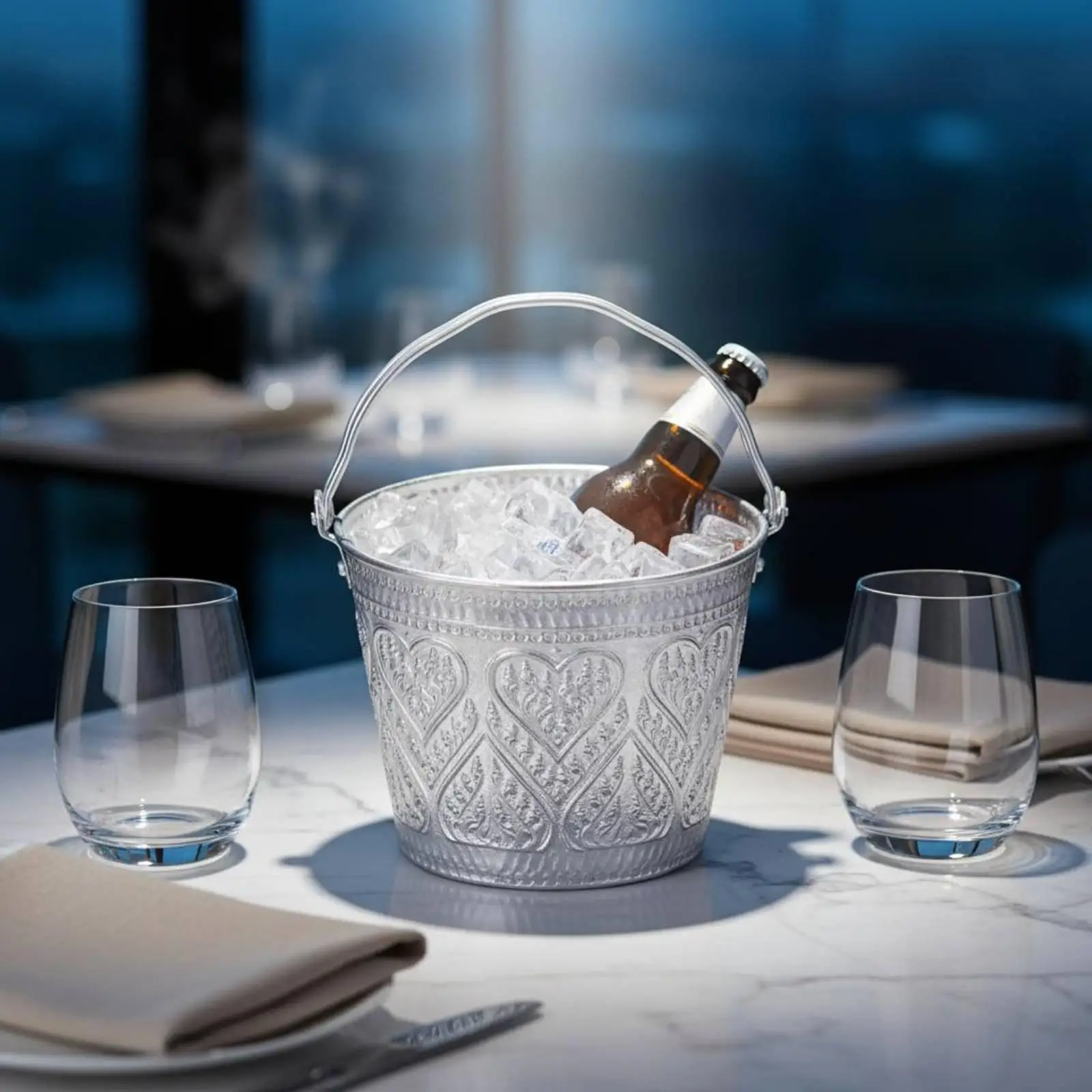 Vintage Style Ice Bucket for Chilled Beverages Beer Wine Cocktail Cooler Tin Alloy Drink Server with Embossed Details for