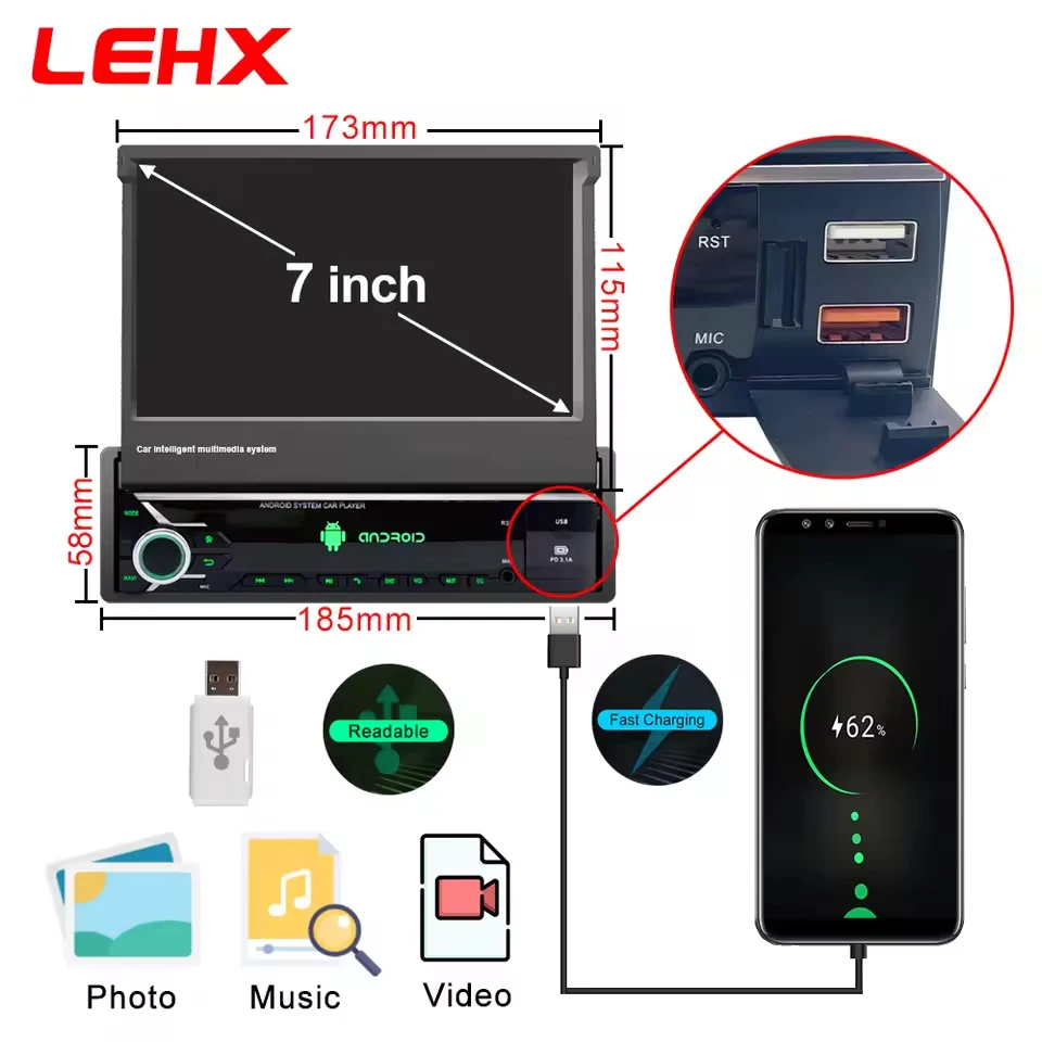 LEHX Universal 1 Din Android 15 راديو السيارة 7 "QLED شاشة قابلة للسحب مشغل وسائط متعددة ستيريو GPS 4G Carplay 1din Autoradio