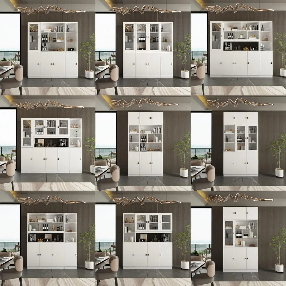 Biała drewniana szafka do przechowywania, kredens i szafka z półkami (szafka 157), wykończenie białym lakierem, szafki z okapem.