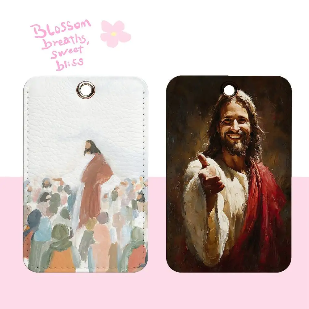 

Jesus Christ Canvas Rectangle ID Card Case Keychain Access Card Bag Key Tag Ring Leather Card Holder Key Ring Access