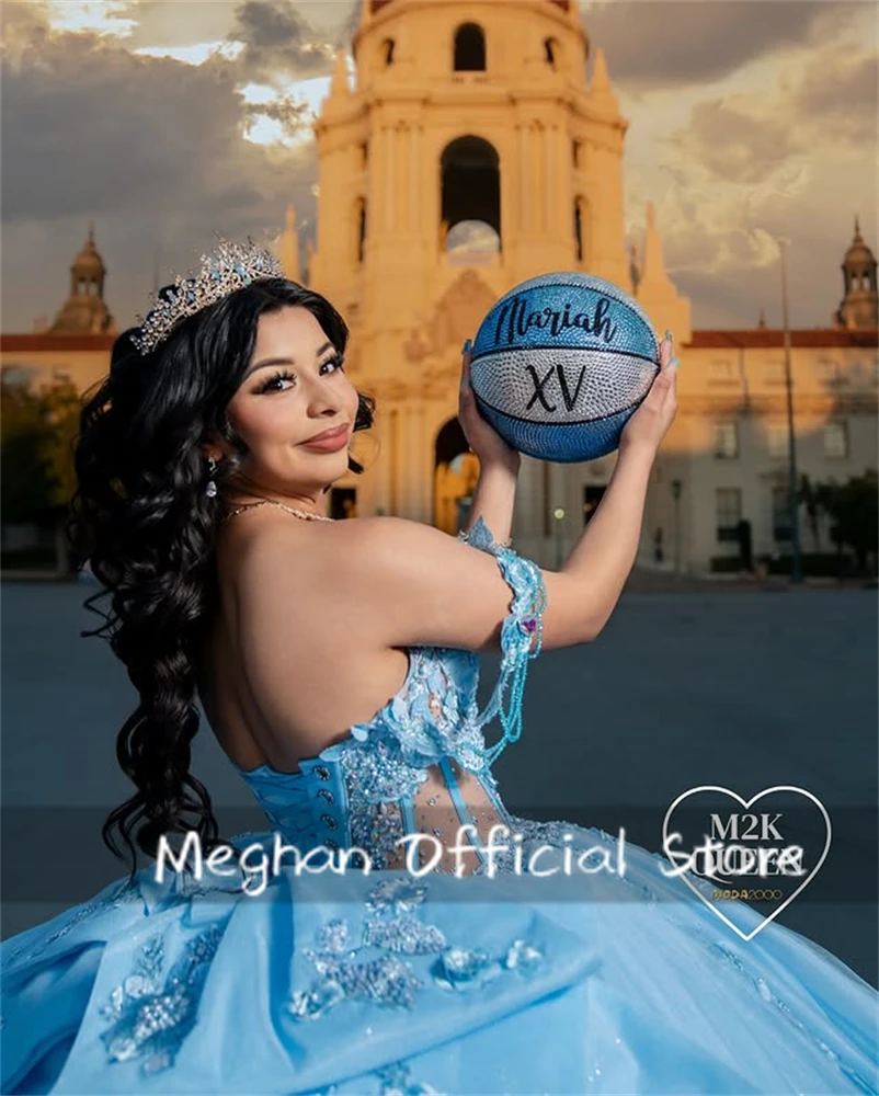 Suknia balowa na quinceañerę w kolorze błękitnym, z koronkowymi aplikacjami, koralikami, kryształkami, kokardą i gorsetem, idealna na urodziny Sweet 16, Vestidos De 15 Anos