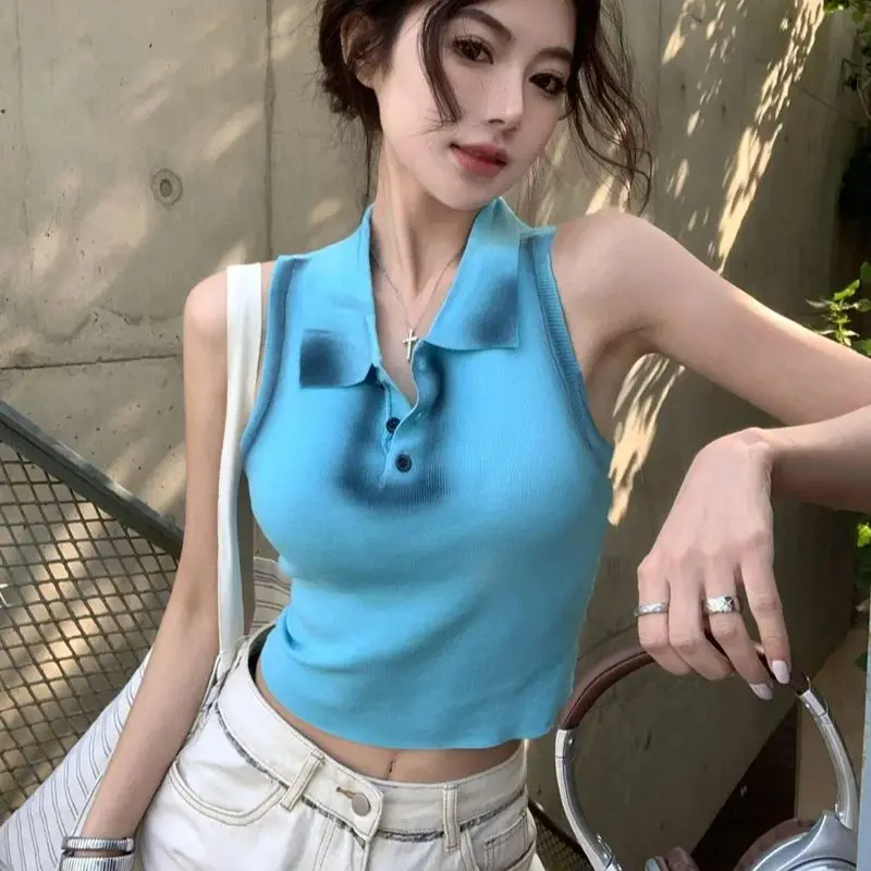 Summer retro college style POLO collar knitted vest for women with graffiti hand-painted hot girl sleeveless top