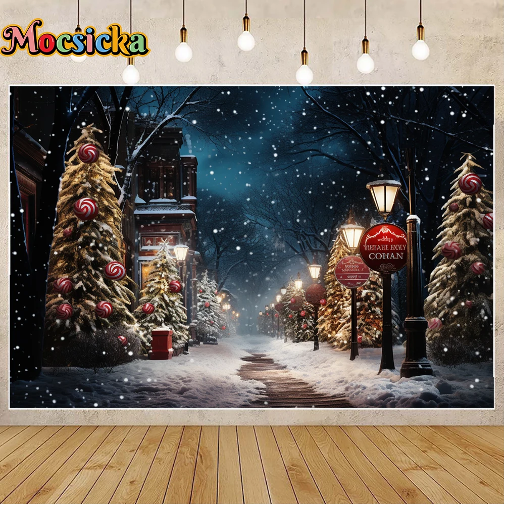 Mocsicka Winter Kerstfotografie Achtergrond Starry Sky Candy Xmas Tree Volwassenen Familie Kinderen Foto Backdrops Studio