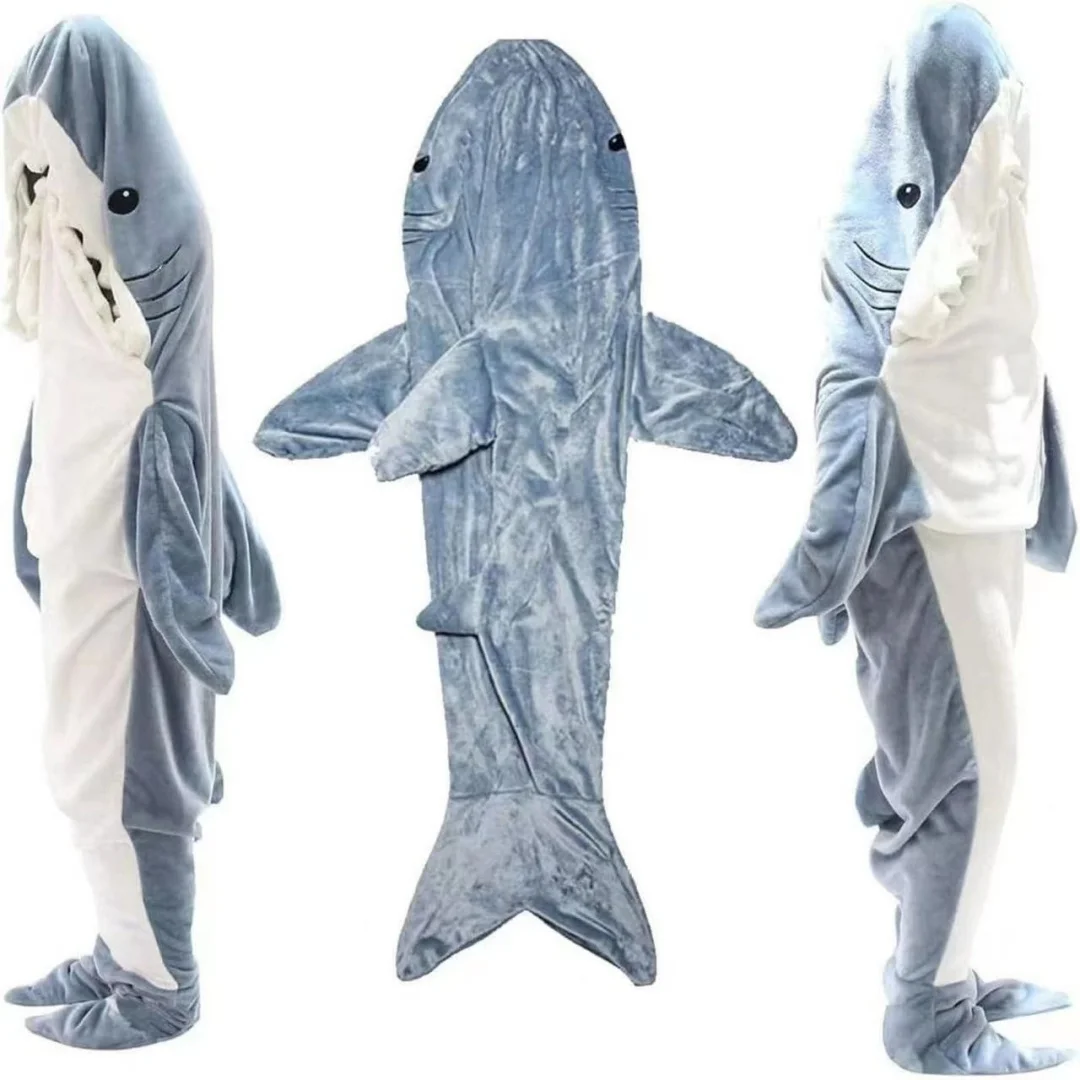 Gray Blue Shark Sleeping Bag Thickened Flannel Cartoon Anime Pajamas One-piece Home Wear Sand Fish Nightgown Cosplay Cloth