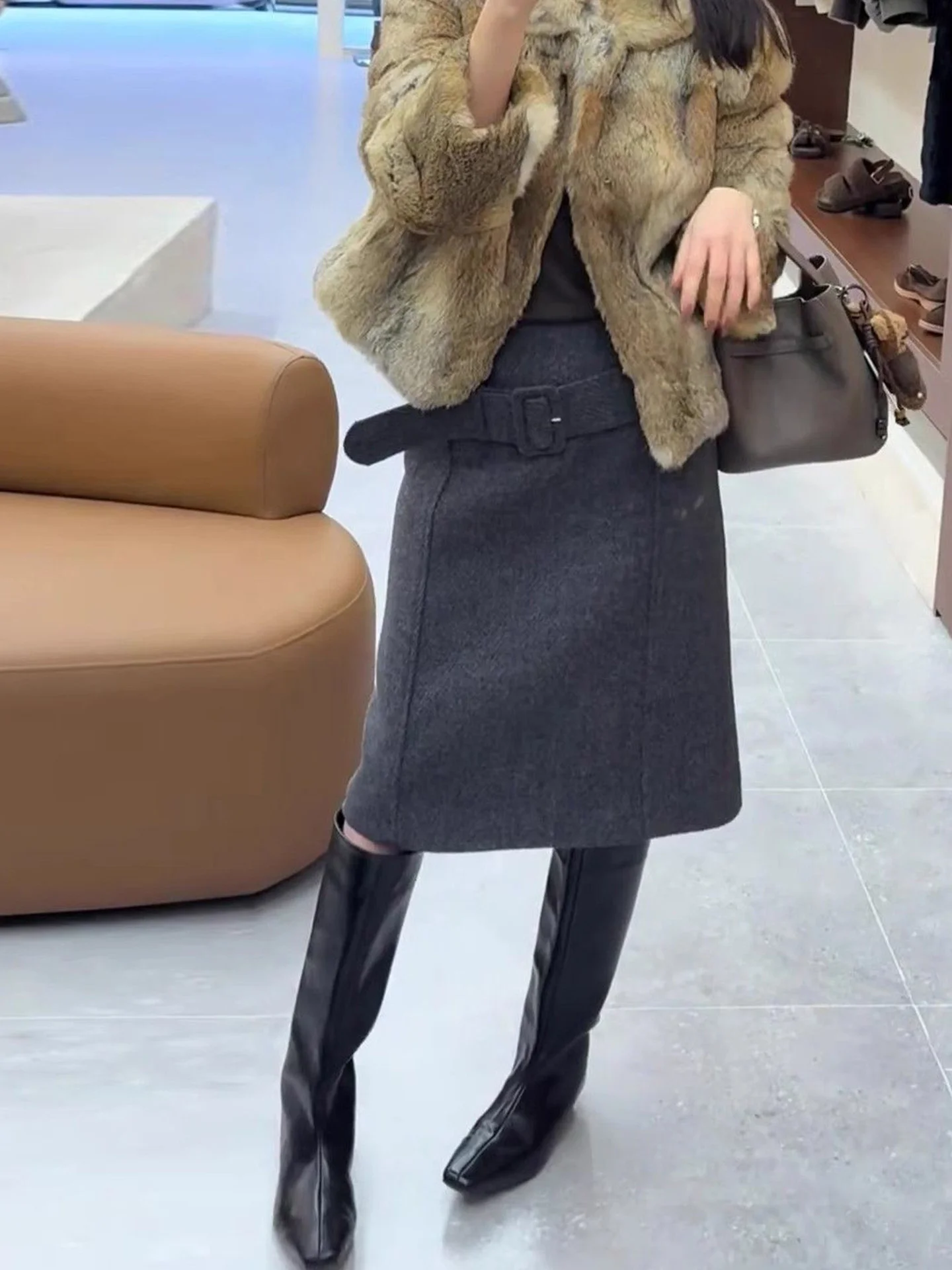 

ey Woolen Casual Ele Midi Skirt Slimming Versatile High Waist Straight Cut Skirt for Young Women Daily Wear Spring Season