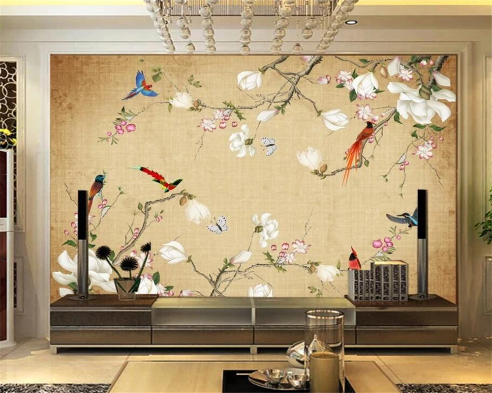 

3d wallpaper custom mural Chinese style hand-painted meticulous flower and bird background wall living room bedroom decoration