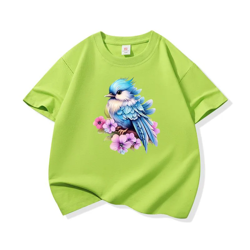 

Watercolor Blue Bird With Pink Floral Accents Graphic Tee Kids 100% Cotton Crew Neck T Shirt Short Sleeve Tops For Girls Boys