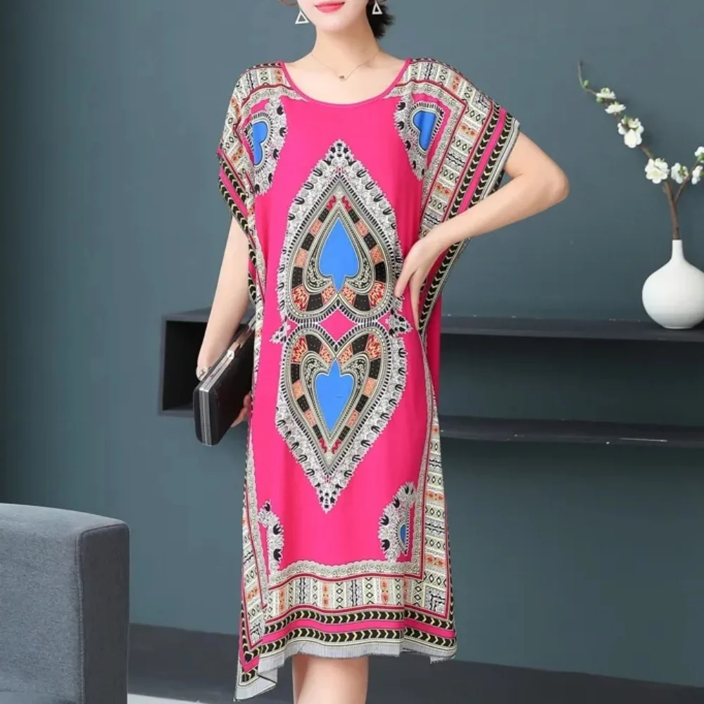 Retro Vintage Floral Print Elegant Ethnic Style O-Neck Slit Midi Dress Summer Trend Women\'s Batwing Sleeve Holiday Dresses 2024