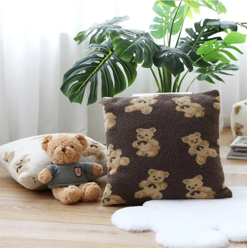 Cute Bear Lamb Fleece Pillow Cushion Cover Soft Waxy Plush Sofa Throw Pillowcase Car Seat  Cushion Pillow Cover Bedroom  Decor