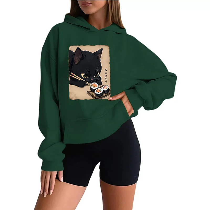 

Women's Cat Eating Sushi print Fall Winter Y2k Sweatshirts Women Fashion Kangaroo Pocket Hoodies Graphic Vintage Hooded Clothes