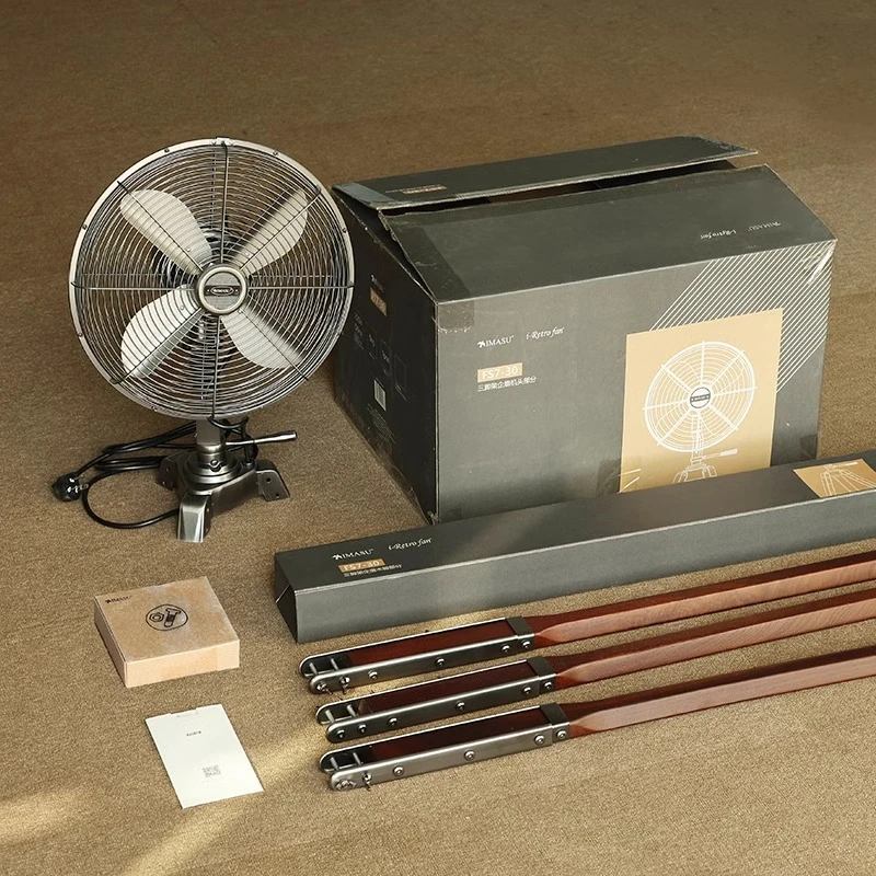 

Retro nostalgic electric fan Metal walnut floor fan Household air circulation shaking head light sound electric fan