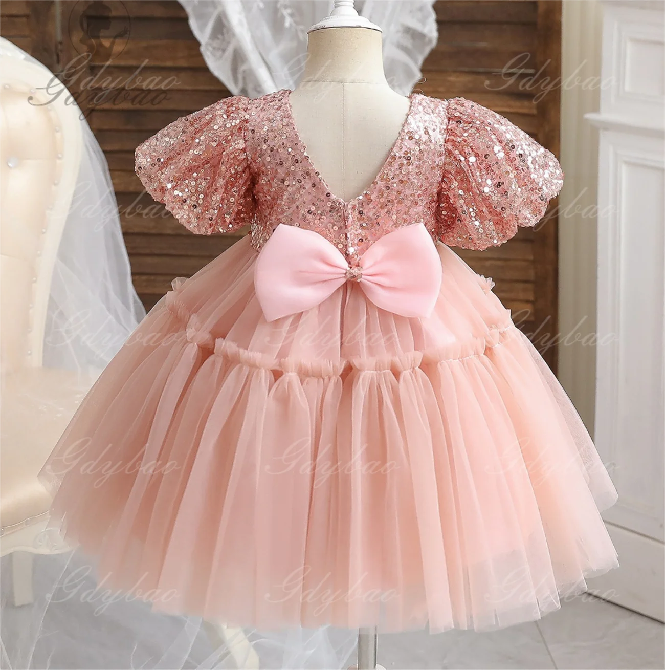 Princess Girl Dress Wedding Birthday Party Prom Gown Big Bow Kids Lace Dresses Flower Girls Dress