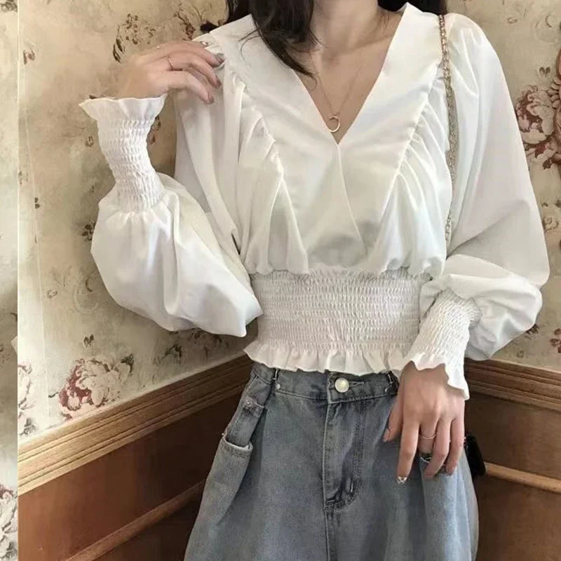 Autumn Korean Elegant Fashion Chic Sweet Aesthetic Shirt Women All Match Solid Color Loose Casual Long Lantern Sleeve V Neck Top