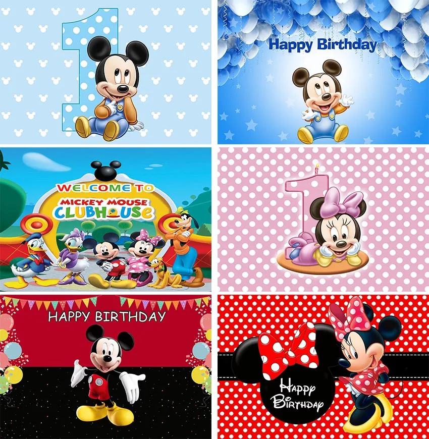 Disney Mickey Mouse Party Vinyl Backdrops Minnie Mouse Background Wall Cloth Baby Shower Kids Birthday Party Decoration