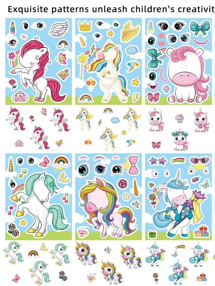 8/16 feuilles arc-en-ciel licorne Puzzle autocollants faire un visage dessin animé décalcomanies jouets enfants bricolage Puzzle assembler des jeux fête décoration cadeaux
