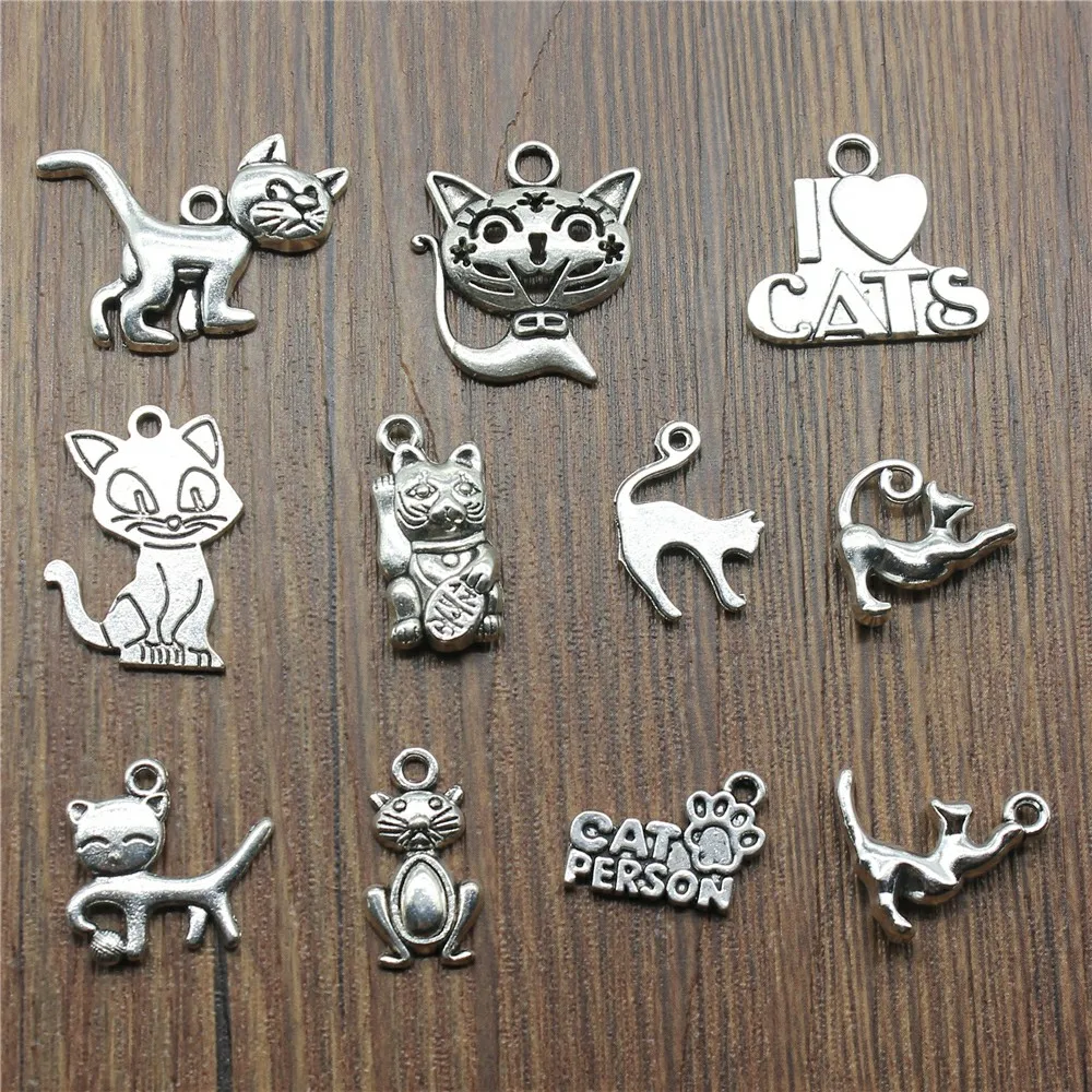 10 sztuk Charms kot antyczne srebro kolor słodki kociak zawieszki Charms Kawaii kot Charms dla tworzenia biżuterii