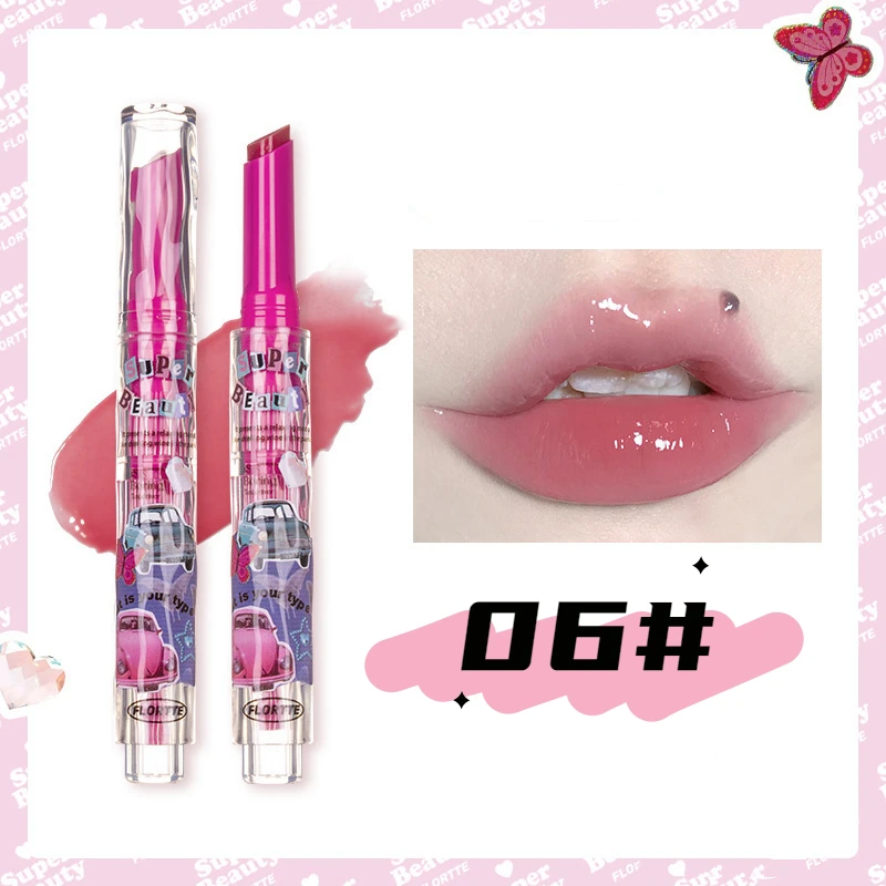 FLORTTE brillo de labios sólido agua brillo claro lápiz labial espejo rosa esmalte de labios gelatina hidratante tinte de labios cosméticos maquillaje