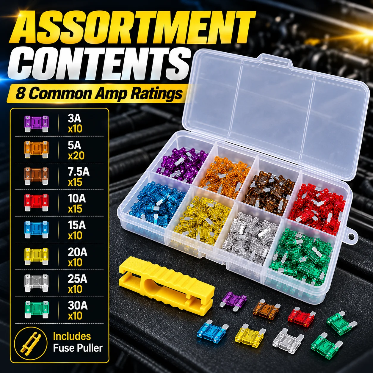 100PCS Low Profile Mini Blade Fuse Kit, 3A 5A 7.5A 10A 15A 20A 25A 30A Assorted Automotive Fuses for Car SUV Circuit Repair