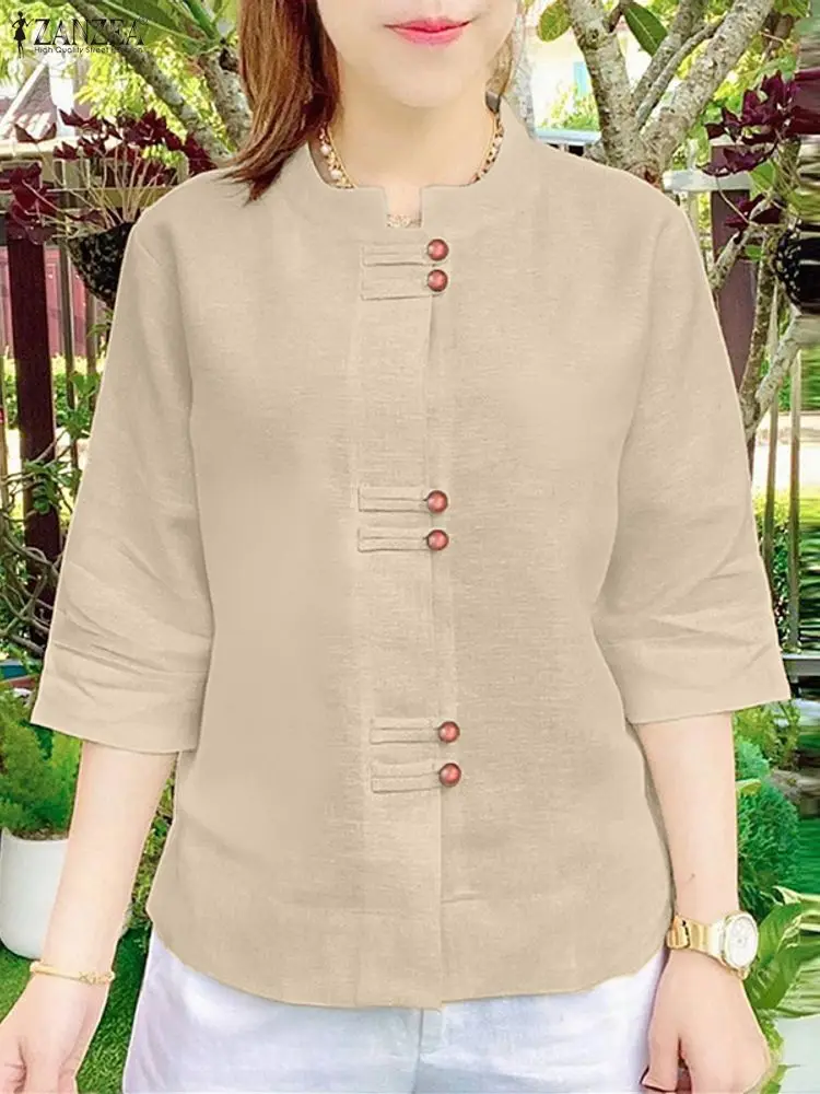 Vintage Shirts ZANZEA Vrouwelijke Katoenen Blouse Herfst Shirt Vrouwen Stand Hals 3/4 Mouw Werk Tops Casual Solid Knoppen Blusas 2025