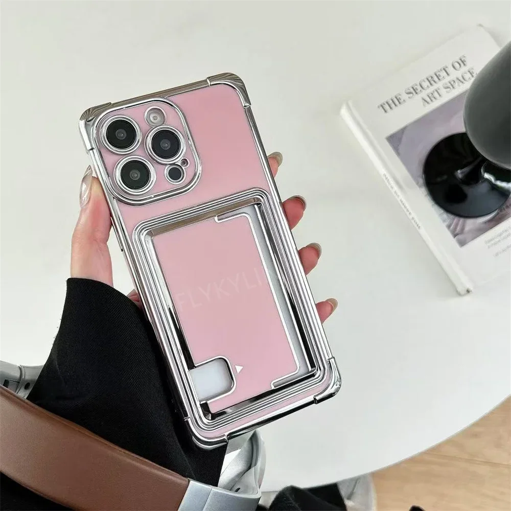FLYKYLINHOCE Side Card Holder Phone Cases For iPhone 16 Pro Max 15 14 Plus 13 12 11 Case Luxury Plating Shockproof Wallet Cover