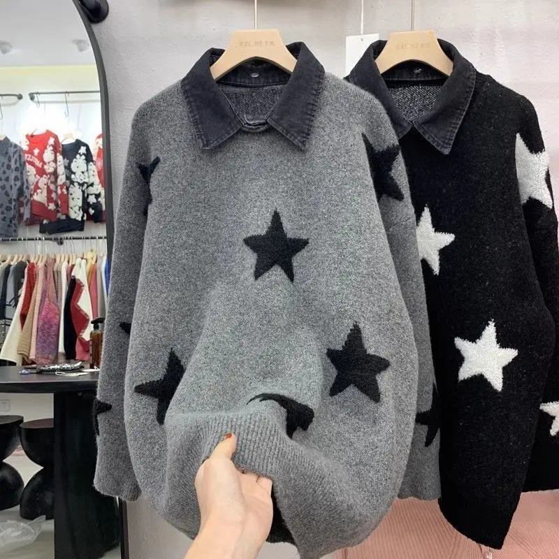 Autumn and Winter Korean Edition New Fashionable Cowboy Collar Fake Two Lazy Style Loose Knitted Sweaters