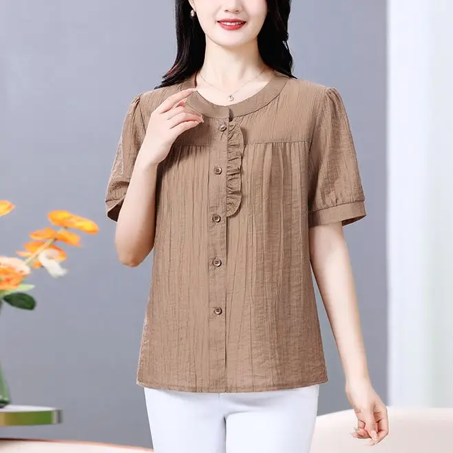 

Faionable Cotton Linen irt Women's Summer Loose Slimming ort Sve Top Mom's Sle Small irt Trendy Blouse