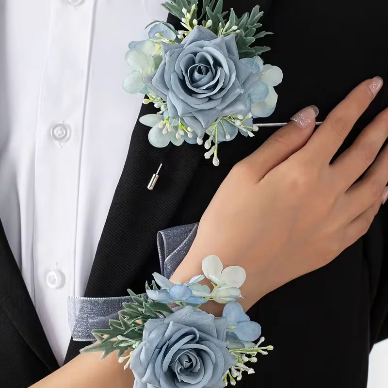 1 باقة ورد زرقاء صناعية - صدرية وقلائد أنيقة وناعمة اللون، مناسبة للعرائس والعرائس ووصيفات العروس والكرات،