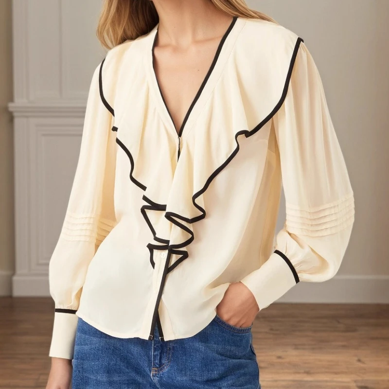 

Autumn New V-neck Women's Shirt Vintage Loose Color-blocked Pleated Ruffled Top