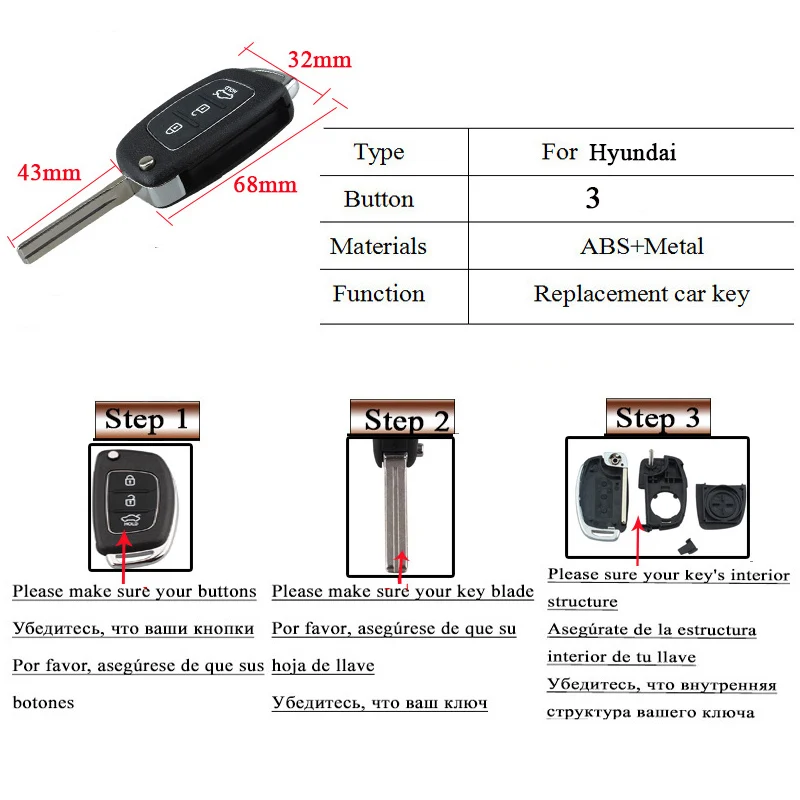 Capa de substituição para chave remota de carro com 3 botões, compatível com Hyundai / Santa / Fe Sonata-/Tucson- Accent I30 / I40 / I45