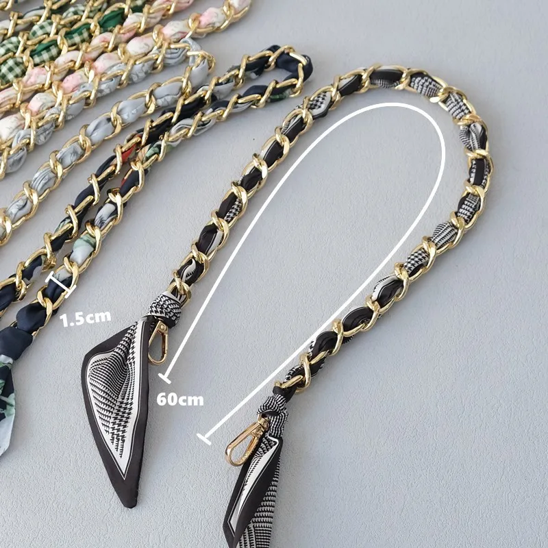 New Fashion Brand Woman Handbag Accessory Chains Detachable Floral Print Metal Silk  Shoulder Strap Women DIY Chain Bag Handles