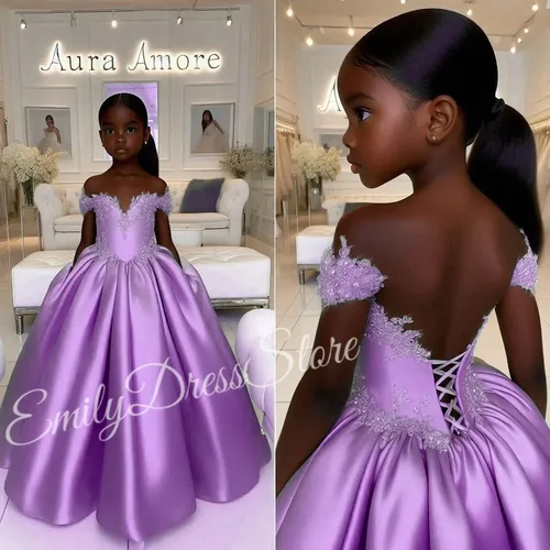 Imagen 1 del producto Vestido de fiesta de satén con apliques de encaje y hombros descubiertos para niñas, diseño de espalda con corsé para ocasiones formales, bodas, cumpleaños de niña de las flores
