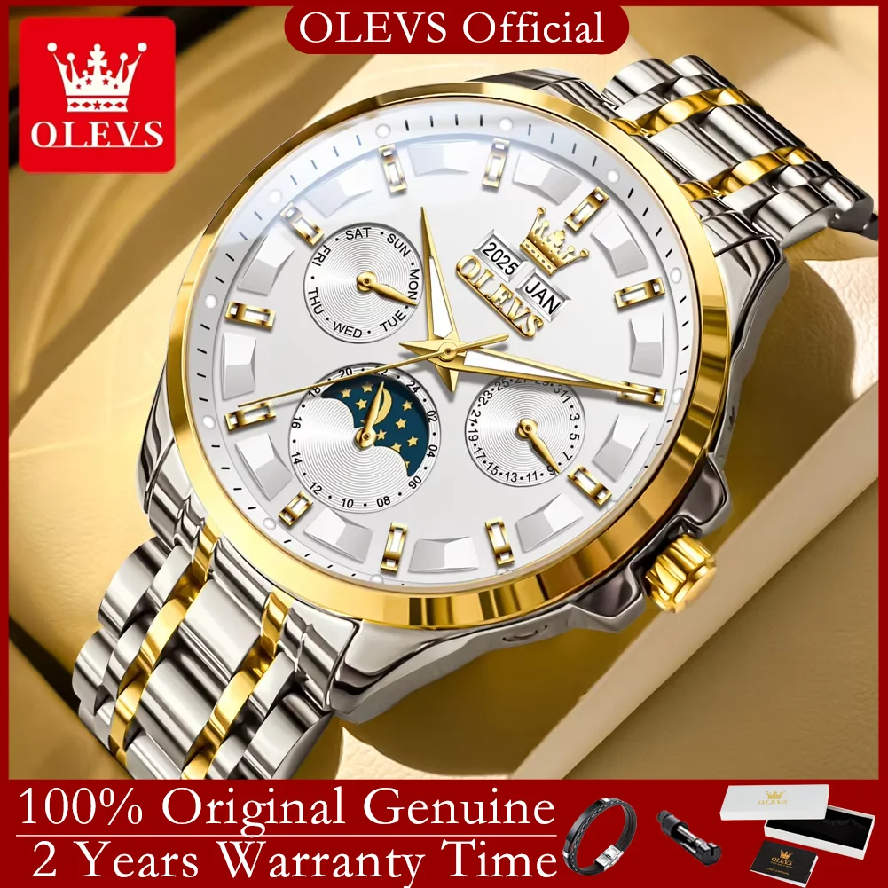 

OLEVS 7070, новые мужские механические часы из нержавеющей стали, вечный календарь, фаза луны, многофункциональные автоматические часы для мужчин