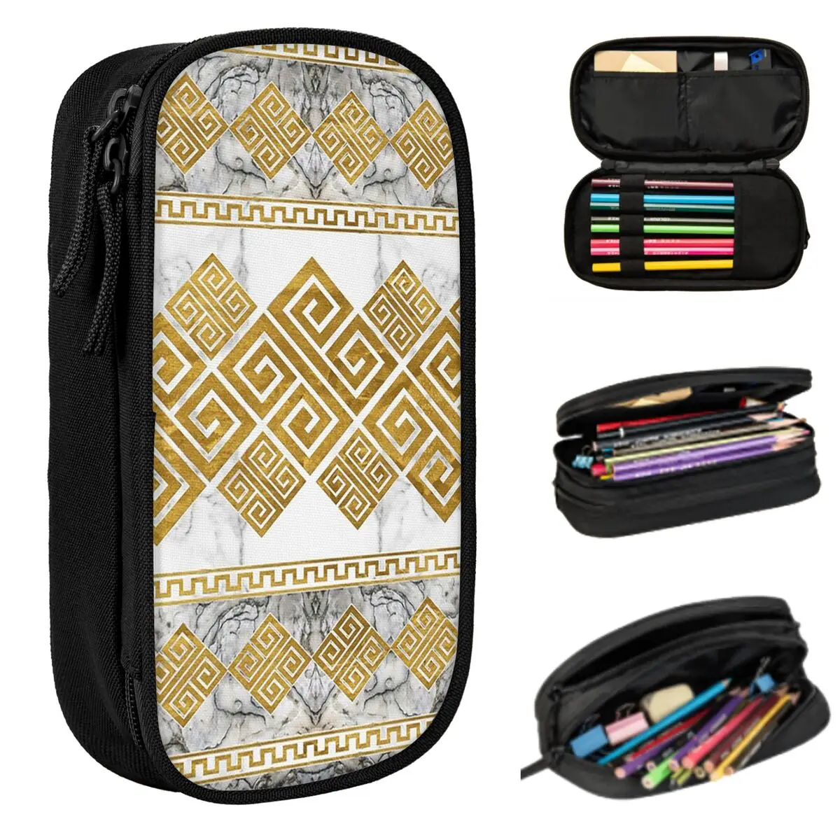 

Greek Meander - Greek Key White Marble And Gold Pencil Case Studen School Pen Box Pencil Bag Stationery Supplies Pen Holder Bag