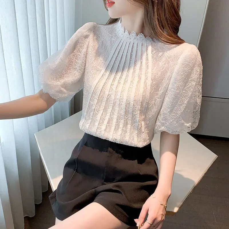 Zomer Vrouwen Lace Edge Waisted Korte Mouw Franse Koreaanse Commuter Losse Veelzijdige Chiffon Hollow Mesh Trui Stand Kraag