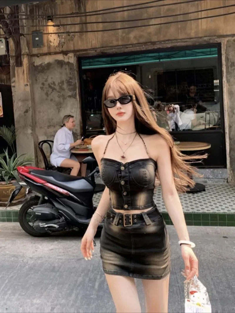 Spicy Girl Chain Hanging Neck Denim Bra Top Skirt Two Piece Set Women Gradient Collarbone Sleeveless Slim Summer Slim Girl Suit