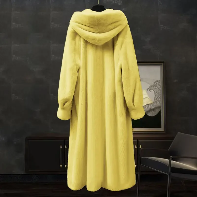 Women's Winter Hooded Long Faux Mink Coat Design Luxury Brand Faux Fur Trench Coat Warm Soft High Quality Windproof Snow Clothes