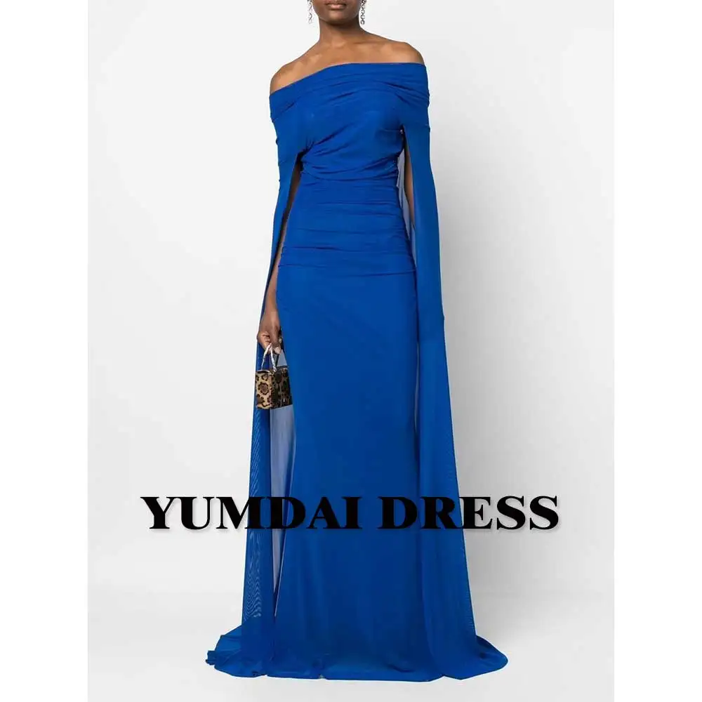 

YUMDAI Temperament Blue Line Shoulder Chiffon Train Dress 2023 Dubai Women Wedding Party Mother Dress Formal Evening Dress