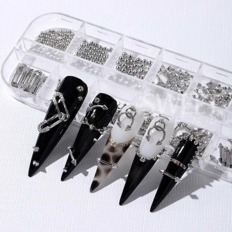 12er-Set Gothic Punk Piercing Kurvenpfeil Silber Nagelnieten Y2K Perlen Kegelnieten Nagelteile DIY Halloween Maniküre Dekoration – Detail 3
