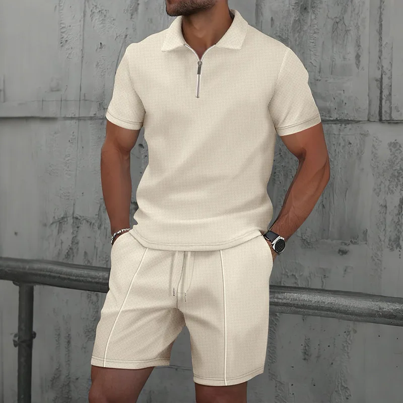 Men's Summer Waffle Texture Casual Set Half Zip Polo Shirt and Shorts 2 Piece Outfit Breathable Sportswear Jogging Gym Suit view 4