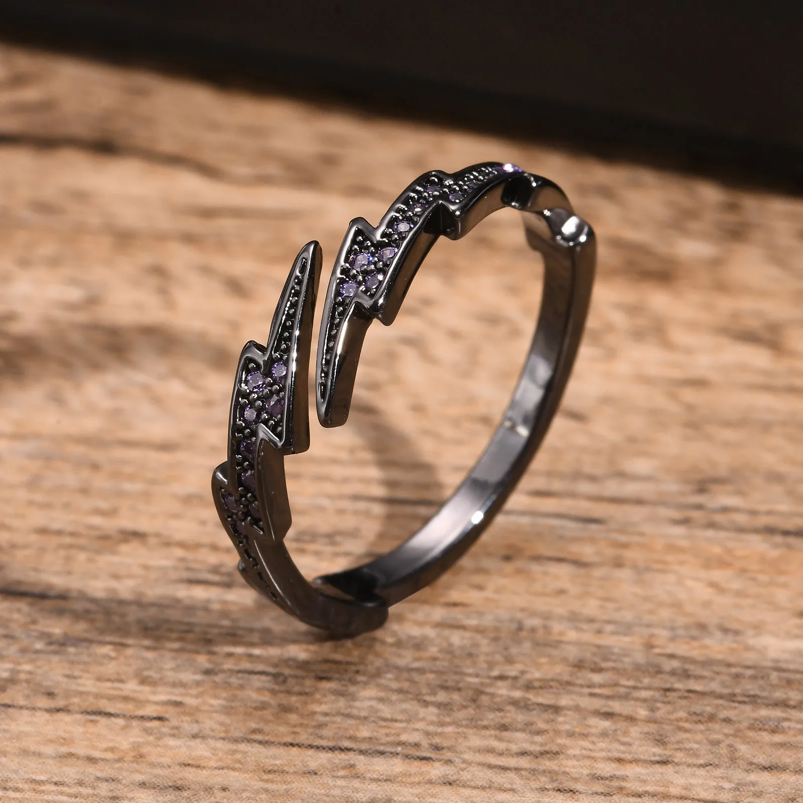 Bliksem open ring voor mannen jongens, paarse zirkoon dunne metalen ring verstelbaar, coole hiphop sieraden geschenken
