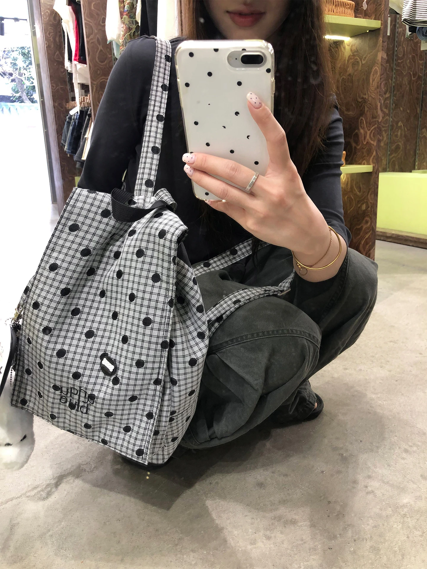uniqueblue-korean-polka-dot-plaid-large-capacity-drawstring-backpack-women's-commuter-school-bag-soft-handle-teenage-backpack