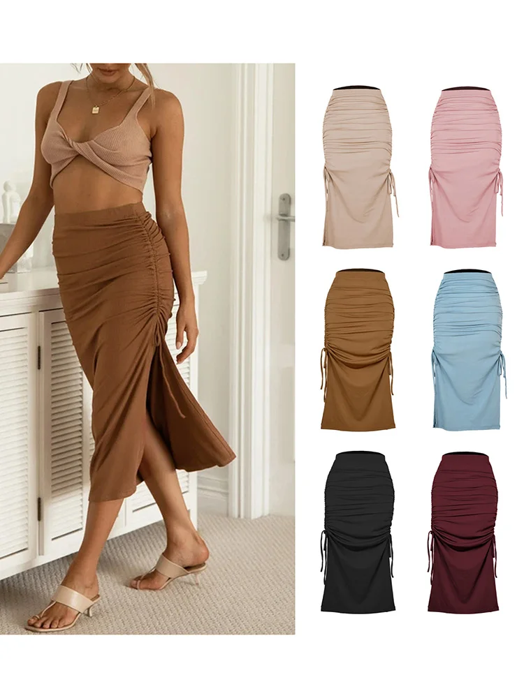 Women Drawstring Cotton Long Side Split Design Sexy Skirt Pleated Female New Solid Elegant High Waist Lady Comfort Bodycon