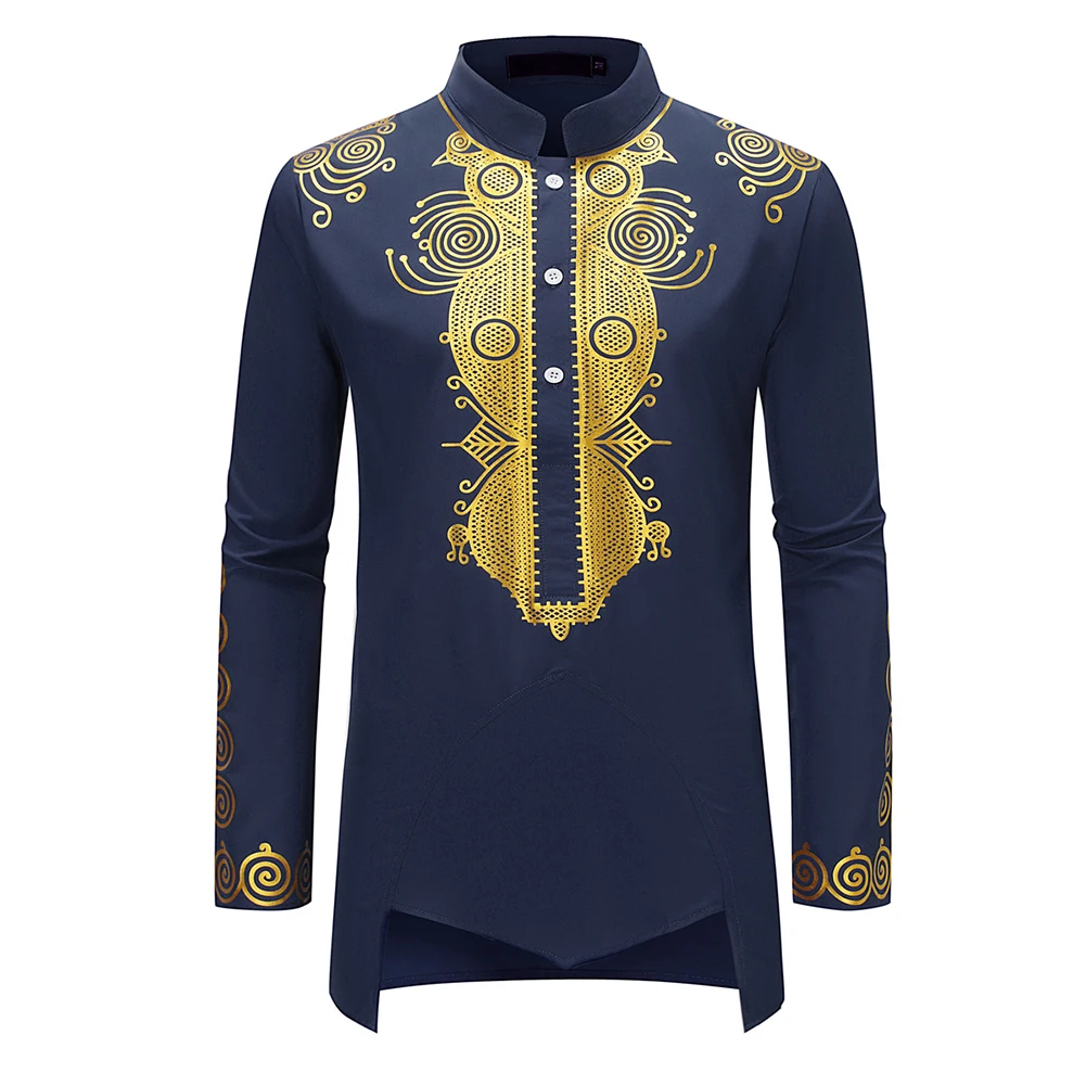 

Luxury Men Long Sleeved Standing Collar African Dashiki Tribal Print Shirt Succinct Hippie Top Blouse Basic Men's Disco Shirts