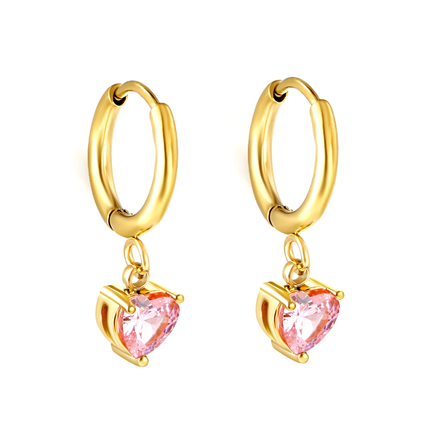 

ASONSTEEL Pink Cubic Zirconia Heart Shape Round Ring Hoops Earrings Gold Color Stainless Steel For Women Girl Piercing Jewelry