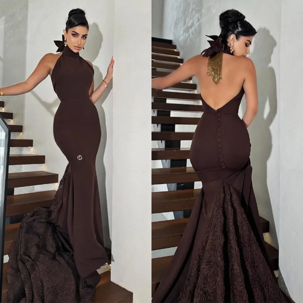 

High Quality Customized Halter Backless Zipper Buttons Sleeveless Mermaid Long Dresses Flowers Платье Корейский Стиль فساتين